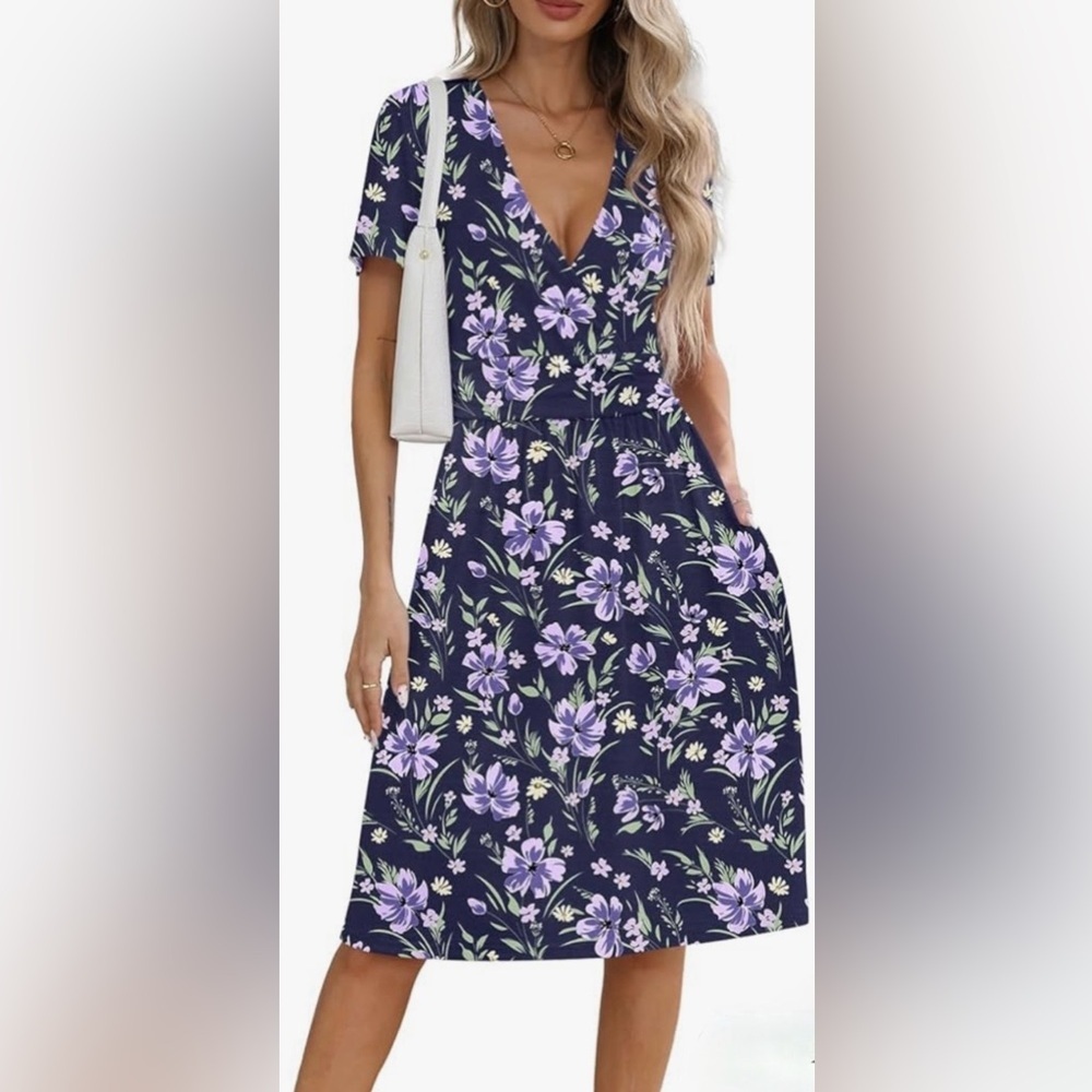 NILOUFO Women's Casual Dress Short Sleeve V-Neck Midi Dress with Pockets Plus